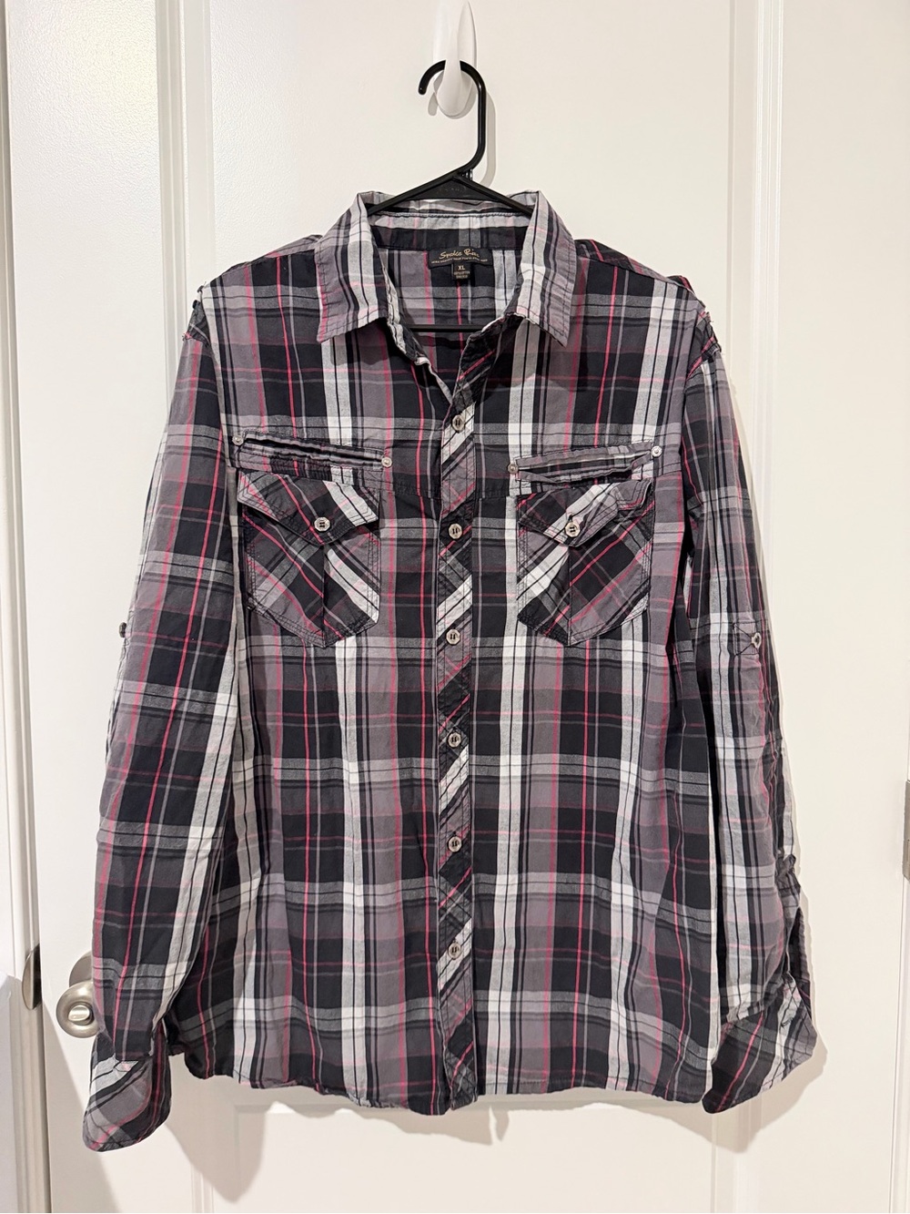 Men's Casual Plaid Button-Down Shirt in Black, Gray & Pink